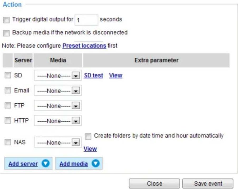 Action Trigger digital output for 1 seconds Backup media if the network is disconnected Note: Please configure Preset locations first Server Media Extra parameter SD ----None---- SD test View Email ----None---- FTP ----None---- HTTP ----None---- NAS ----None---- Create folders by date time and hour automatically View Add server Add media Close Save event