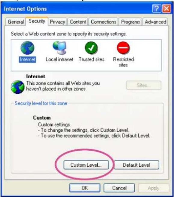 Internet Options General Security Privacy Content Connections Programs Advanced Select a Web content zone to specify its security settings. Internet Local intranet Trusted sites Restricted sites Internet This zone contains all Web sites you haven't placed in other zones Security level for this zone Custom Custom settings. - To change the settings, click Custom Level. - To use the recommended settings, click Default Level. Custom Level... Default Level OK Cancel Apply