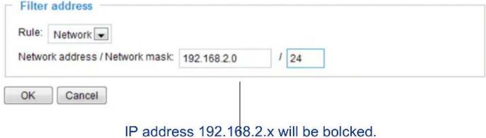Filter address Rule: Network Network address / Network mask: 192.168.2.0 / 24 OK Cancel IP address 192.168.2.x will be bolcked.