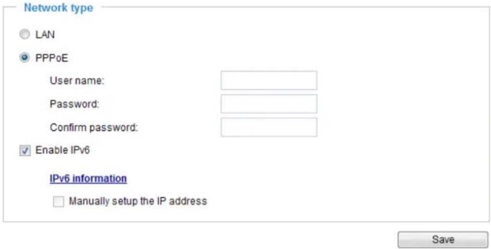 Network type LAN PPPoE User name: Password: Confirm password: Enable IPv6 IPv6 information Manually setup the IP address Save