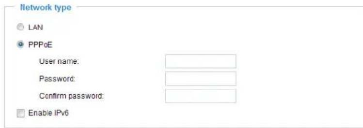 Network type LAN PPPoE User name: Password: Confirm password: Enable IPv6