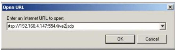 Open URL Enter an Internet URL to open: rsp://192.168.4.147:554/live2.sdp OK Cancel