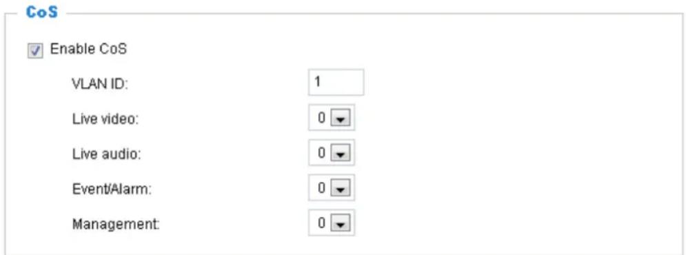 CoS Enable CoS VLAN ID: 1 Live video: 0 Live audio: 0 Event/Alarm: 0 Management: 0