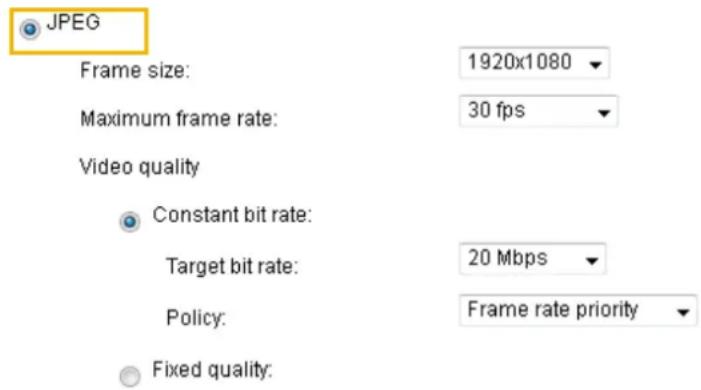 JPEG Frame size: 1920x1080 Maximum frame rate: 30 fps Video quality Constant bit rate: Target bit rate: 20 Mbps Policy: Frame rate priority Fixed quality: