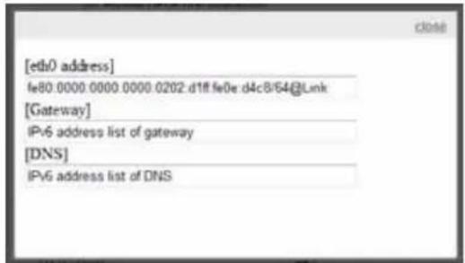 [eth0 address] fe80.0000.0000.0000.0202.d1ff fe0e d4c8/54@Link [Gateway] IPv6 address list of gateway [DNS] IPv6 address list of DNS