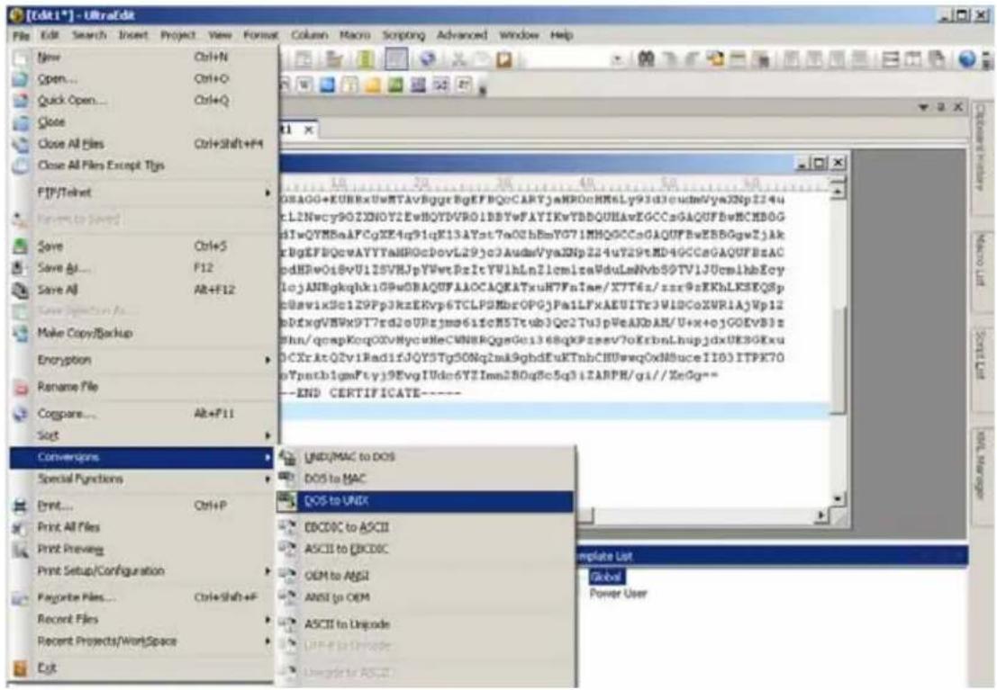 [Edit1*] - UltraEdit File Edit Search Insert Project View Format Column Macro Scripting Advanced Window Help Name Ctrl+N Open... Ctrl+O Quick Open... Ctrl+Q Close Close All Files Ctrl+Shift+F4 Close All Files Except Tlys FIP/Teiket Remove to Save! Save Ctrl+S Save As... F12 Save All Alt+F12 Save Options to As... Make Copy/Backup Encryption Rename File Compare... Alt+F11 Sort Convergns Special Functions Print... Ctrl+P Print All Files Print Preview Print Setup/Configuration Favorite Files... Ctrl+Shift+F Recent Files Recent Projects/WorkSpace Exit DOS to DOS DOS to MAC DOS to UNIX DCCDC to ASCII ASCII to DCCDC OEM to AGBI ANSI to OEM ASCII to Upgrade Uniprot to Upgrade Uniprot to ASCII END CERTIFICATE---- UNID/MAC to DOS DOS to MAC DOS to UNIX ECCDC to ASCII ASCII to DCCDC OEM to AGBI ANSI to OEM ASCII to Upgrade Uniprot to Upgrade Uniprot to ASCII template List Global Power User