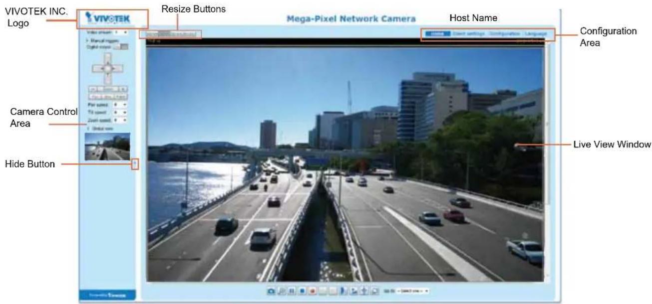 VIVOTEK INC. Logo Resize Buttons Mega-Pixel Network Camera Host Name Configuration Area Camera Control Area Hide Button Live View Window