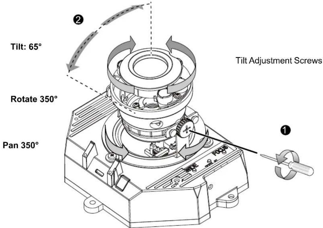 Tilt: 65° Rotate 350° Pan 350° ② Tilt Adjustment Screws ①