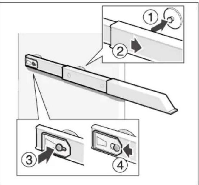 Diagram illustrating four-step assembly steps of a mechanical component, labeled 1 to 4 with directional arrows and numbered components.