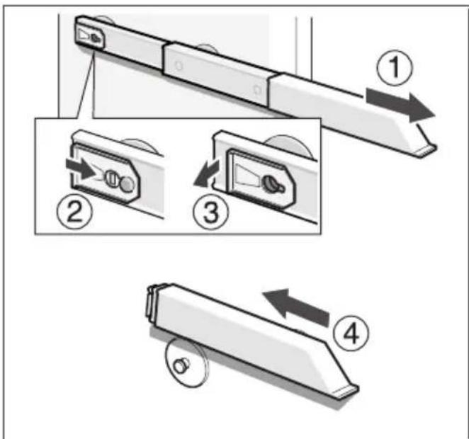 Diagram illustrating four steps of a mechanical device with labeled components and directional arrows indicating motion.