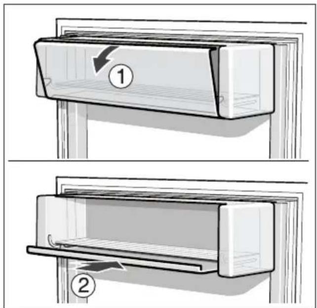 Diagram showing two steps of installing a wall-mounted air conditioner panel, labeled with arrows and numbered sections.