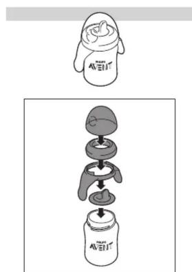 Diagram showing a bottle with a rose and label 'AVET' above it, and a multi-step assembly of a bottle with internal components.