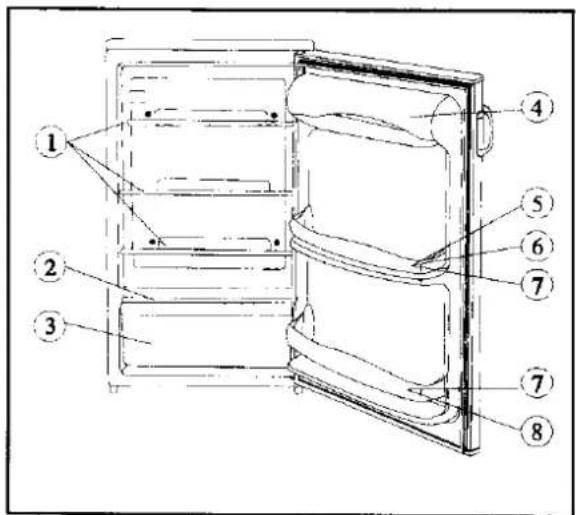 Technical diagram of an open refrigerator with numbered parts labeled for identification.