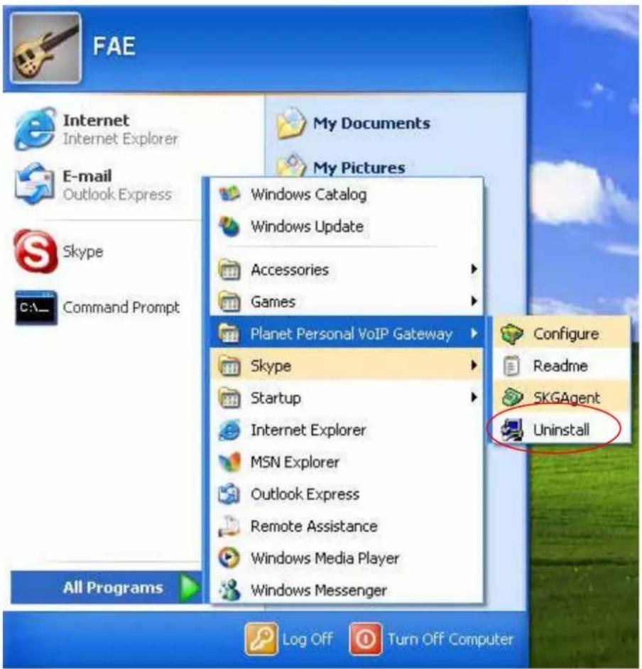 FAE Internet Internet Explorer My Documents My Pictures Windows Catalog Windows Update Accessories Games Planet Personal VoIP Gateway Skype Startup Internet Explorer MSN Explorer Outlook Express Remote Assistance Windows Media Player Windows Messenger All Programs Configure Readme SKGAgent Uninstall Log Off Turn Off Computer