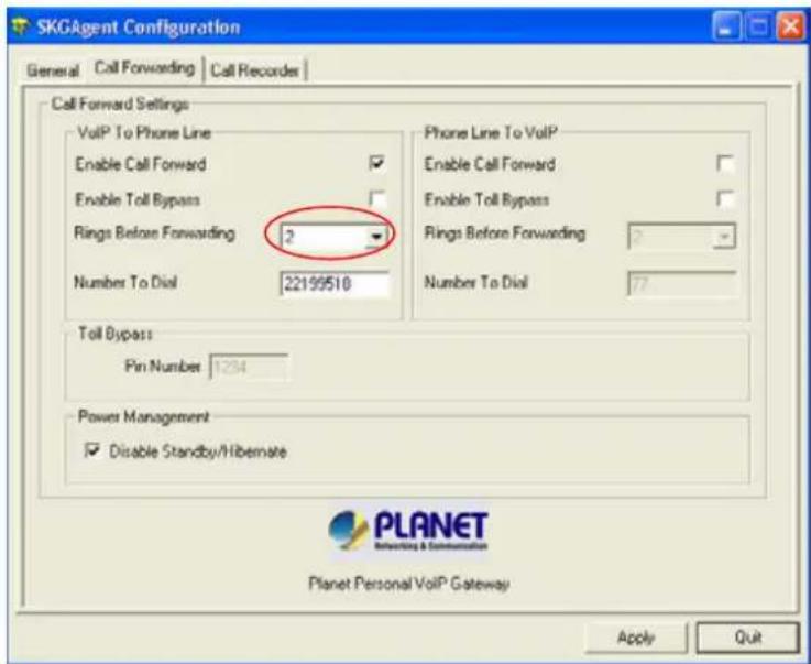 SKGAgent Configuration General Call Forwarding Call Recorder Call Forward Settings VoIP To Phone Line Enable Call Forward Enable Toll Bypass Rings Before Forwarding 2 Number To Dial 22199518 Phone Line To VoIP Enable Call Forward Enable Toll Bypass Rings Before Forwarding Number To Dial 77 Toll Bypass Pin Number 1234 Power Management Disable Standby/Hibernate PLANET Reiterating & Communication Planet Personal VoIP Gateway Apply Quit