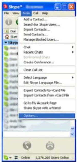 Skype File View Tools Call Help Add a Contact... Search for Skype Users... Import Contacts... Send Contacts... Manage Blocked Users... Chat Recent Chats Bookmarked Chats Create Conference... Clear Call List Select Language Edit Skype Language File... Export Contacts to vCard File Import Contacts from vCard File Go to My Account Page Share Skype with a Friend Options... Online 1,376,269 Users Online