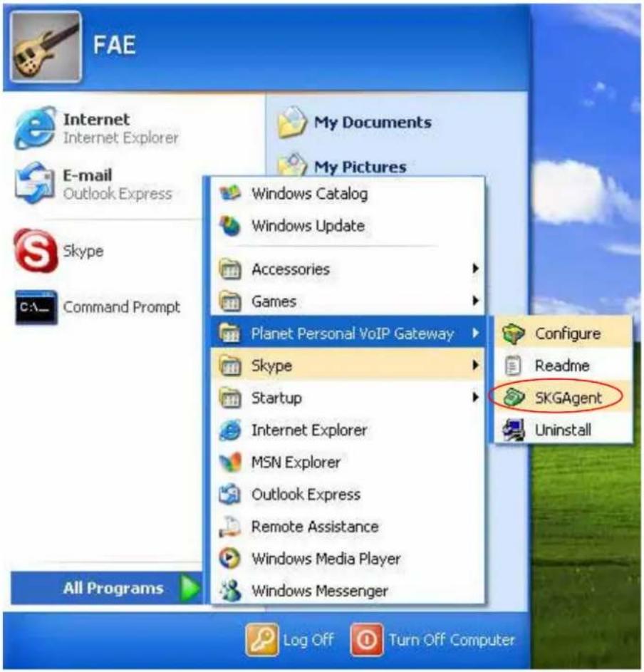 FAE Internet Internet Explorer My Documents My Pictures Windows Catalog Windows Update Accessories Games Planet Personal VoIP Gateway Skype Startup Internet Explorer MSN Explorer Outlook Express Remote Assistance Windows Media Player Windows Messenger All Programs Log Off Turn Off Computer Configure Readme SKGAgent Uninstall