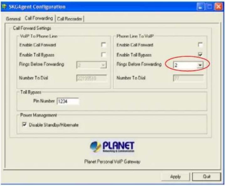 SKGAgent Configuration General Call Forwarding Call Recorder Call Forward Settings VoIP To Phone Line Enable Call Forward Enable Toll Bypass Rings Before Forwarding 2 Number To Dial 2219519 Phone Line To VoIP Enable Call Forward Enable Toll Bypass Rings Before Forwarding 2 Number To Dial 77 Toll Bypass Pin Number 1234 Power Management Disable Standby/Hibernate PLANET Reputing & Communication Planet Personal VoIP Gateway Apply Quit