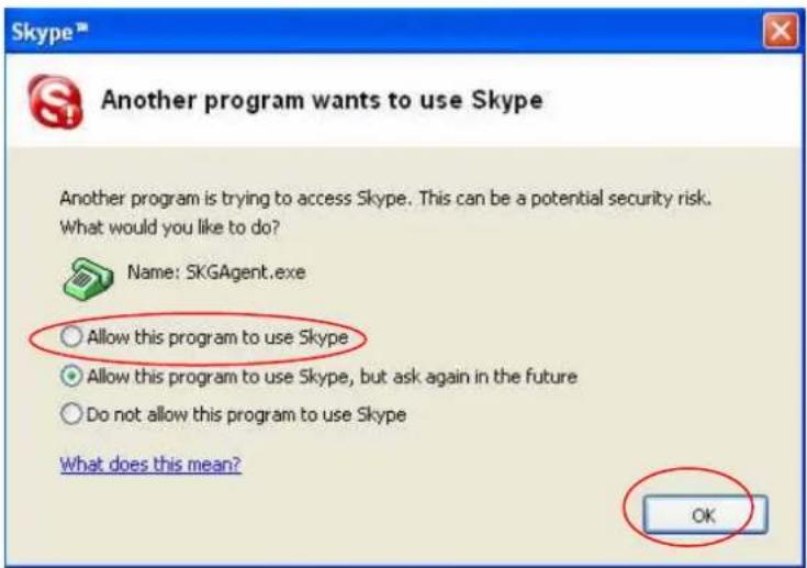 Another program wants to use Skype Another program is trying to access Skype. This can be a potential security risk. What would you like to do? Name: SKGAgent.exe Allow this program to use Skype Allow this program to use Skype, but ask again in the future Do not allow this program to use Skype What does this mean? OK