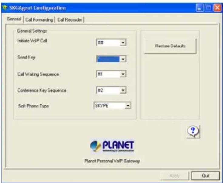 SKGAgent Configuration General | Call Forwarding | Call Recorder | General Settings Initiate VoIP Call Send Key Call Waiting Sequence Conference Key Sequence Soft Phone Type SKYPE Restore Defaults Planet Personal VoIP Gateway Apply Quit