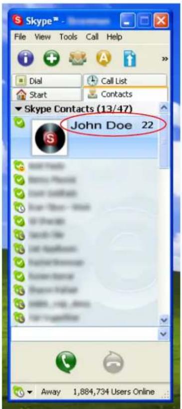 Skype Contacts (13/47) John Doe 22 Away 1,884,734 Users Online