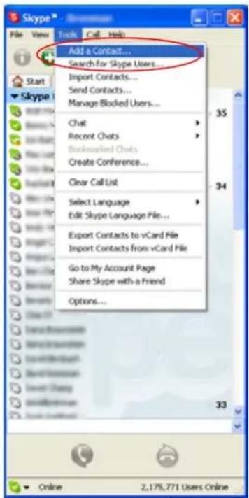 Skype File View Tools Call Help Add a Contact... Search for Skype Users Import Contacts... Send Contacts... Manage Blocked Users... Chat Recent Chats Backscaled Chats Create Conference... Clear Call List Select Language Edit Skype Language File... Export Contacts to vCard File Import Contacts from vCard File Go to My Account Page Share Skype with a Friend Options... Online 2,175,771 Users Online