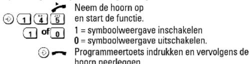 Neem de hoorn op en start de functie. 1 = symboolweergave inschakelen 0 = symboolweergave uitschakelen. Programmeertoets indrukken en vervolgens de hoorn neerlegen.