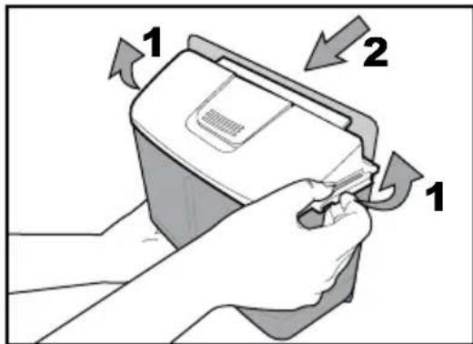 Diagram showing a hand holding a device with labeled parts 1 and 2, indicating a process or operation.