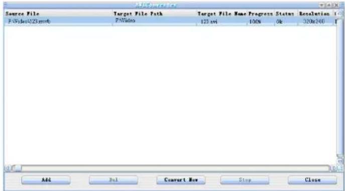 Source File P:\Wide\123.morb Target File Path P\Video Target File Home Progress Status 123.vvl 100% 0k Resolution 320x240 Add Fail Convert Box Stop Close