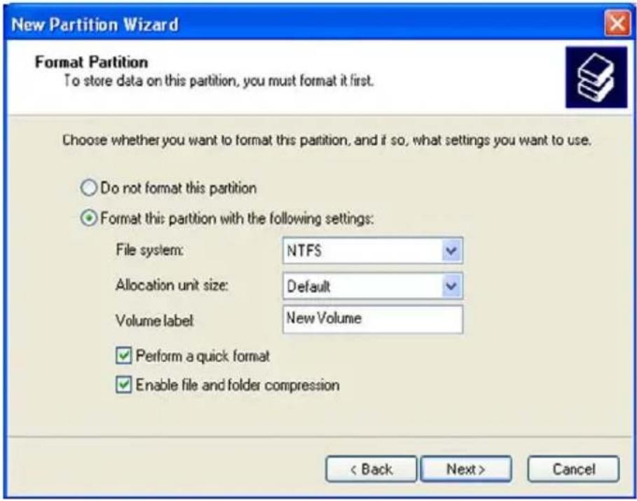 New Partition Wizard Format Partition To store data on this partition, you must format it first. Choose whether you want to format this partition, and if so, what settings you want to use. Do not format this partition Format this partition with the following settings: File system: NTFS Allocation unit size: Default Volume label: New Volume Perform a quick format Enable file and folder compression < Back Next > Cancel