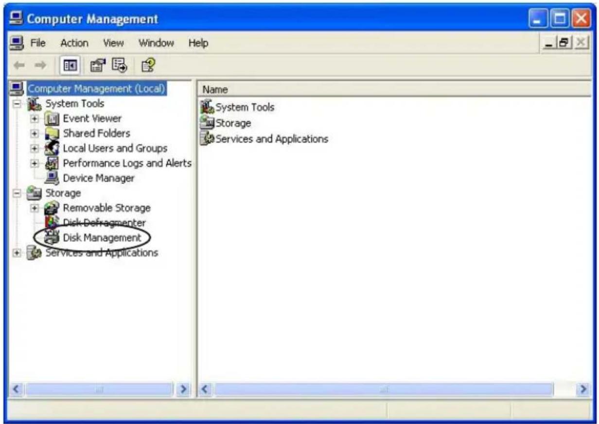 Computer Management File Action View Window Help Computer Management (Local) System Tools Event Viewer Shared Folders Local Users and Groups Performance Logs and Alerts Device Manager Storage Removable Storage Disk Defragmenter Disk Management Services and Applications Name System Tools Storage Services and Applications
