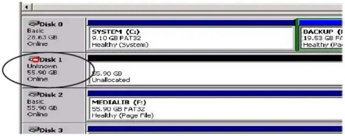 Disk 0 Basic 28.63 GB Online SYSTEM (C:) 9.10 GB FAT32 Healthy (System) BACKUP (I 19.53 GB FA Healthy (Pa Disk 1 Unknown 55.90 GB Online 55.90 GB Unallocated Disk 2 Basic 55.90 GB Online MEDIALIB (F:) 55.90 GB FAT32 Healthy (Page File) Disk 3