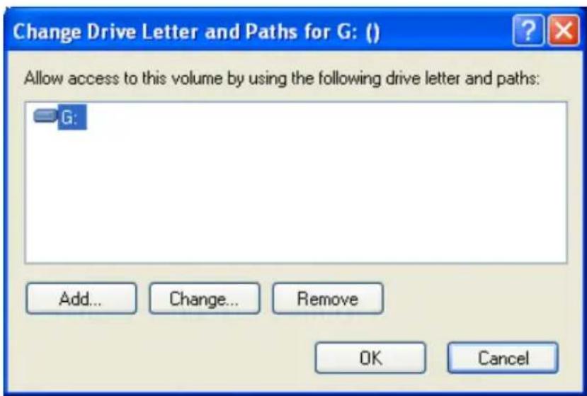 Change Drive Letter and Paths for G: () Allow access to this volume by using the following drive letter and paths: G: Add... Change... Remove OK Cancel
