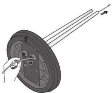 Illustration of a hand using a tool to adjust or install a mechanical component around a wheel (no text or symbols visible)