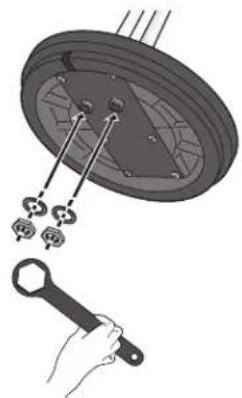 Illustration of a hand holding a wrench next to a mechanical component with arrows indicating assembly (no text or symbols present)
