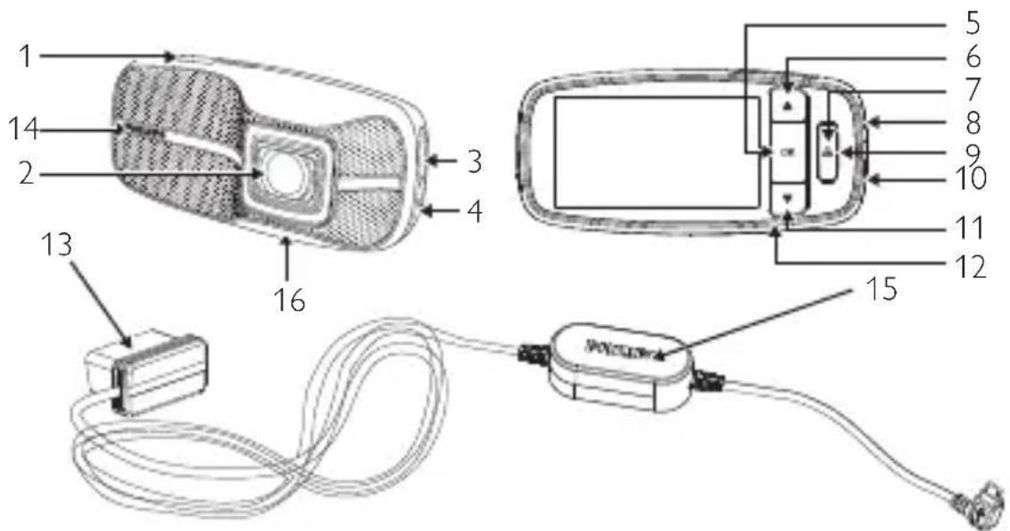 Technical diagram of a device with numbered components and labeled parts, including a cable and connected electrical terminal.