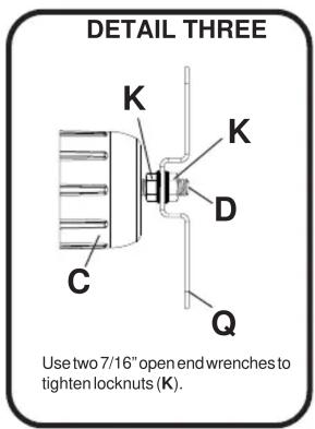 DETAIL THREE K K D C Q Use two 7/16" open end wrenches to tighten locknuts (K).