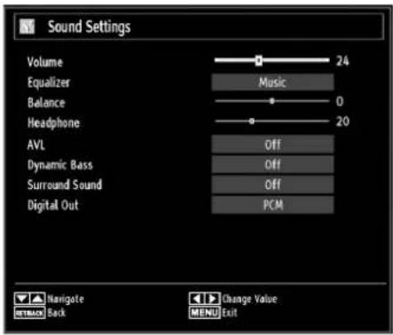 Sound Settings Volume 24 Equalizer Music Balance 0 Headphone 20 AVL Off Dynamic Bass Off Surround Sound Off Digital Out PCM Navigate Back Change Value MENU Exit