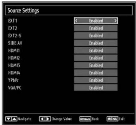 Source Settings EXT1 EXT2 EXT2 -S SIDE AV HDMI1 HDMI2 HDMI3 HDMI4 YPbPr VGA/PC Enabled Enabled Enabled Enabled Enabled Enabled Enabled Enabled Navigate Change Value Back MENU Exit