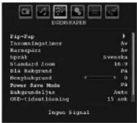 DENSHPAPER Pip-Pap Inoumingstimer Barnsparr Sprak Standard Zoom Bla Bakgrund Benybarkund Power Save Mode Bakgrundsljes OSD-Tidsutlöning Insgen Signal Av Av Svenska 16:9 Pa 0 Pa Auto 15 sek