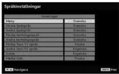 Spräkinställningar Fördaget Meny Svenska Första ljudspråk Svenska Andra ljudspråk Svenska Första textningsspråk Svenska Andra textningsspråk Svenska Första Text-TV språk Finska Andra Text-TV språk Engelska Guide Engelska Media Sub.Finska Navigator Ref: Mer