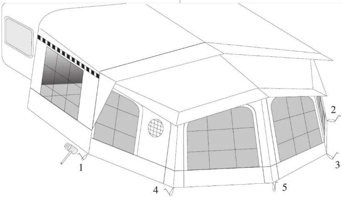 Technical diagram of a camping tent with numbered components for identification