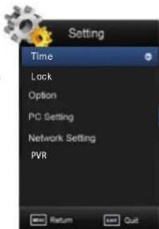 Setting Time Lock Option PC Setting Network Setting PVR Return Exit