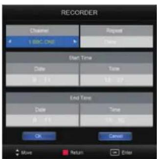 RECORDER Channel 1 SBC ONE Repeat None Start Time Date Time 0:15 18:37 End Time Date Time 0:15 18:36 OK Cancel More Return Enter