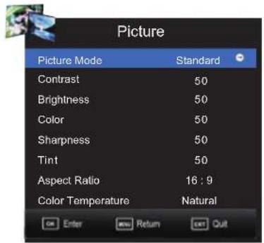 Picture Picture Mode Standard Contrast 50 Brightness 50 Color 50 Sharpness 50 Tint 50 Aspect Ratio 16 : 9 Color Temperature Natural OK Enter Return Exit Quit