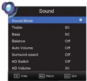 Sound Sound Mode Treble 50 Bass 50 Balance Off Auto Volume Off Surround sound Off AD Switch Off AD Volume 30 Enter Return Exit Quit