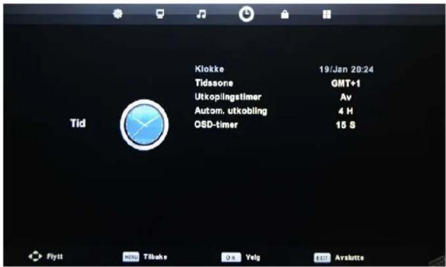 Klokke 19/Jan 20:24 Tidssone GMT+1 Utkoplingstimer Av Autom. utkobling 4 H OSD-timer 15 S Tid Flytt MENU Tilbako OK Yelg EUI Araslutte
