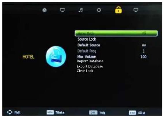 Hotel Mode Source Lock Default Source Av Default Prog ↓ Max Volume 100 Import Database Export Database Clear Lock HOTEL Flytt Mio Tibake OX Velg Last Gå ut