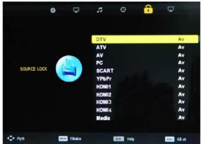DTV AV ATV Av AV PC Av SCART Av YPbPr Av HDMI1 Av HDMI2 Av HDMI3 Av HDMI4 Av Media Av SOURCE LOCK Flytt MIDI Tibake OK Velg EAT Gd ut