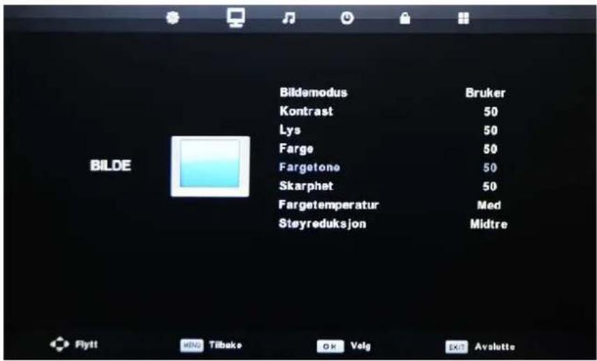 BILDE Bildemodus Bruker Kontrast 50 Lys 50 Farge 50 Fargetone 50 Skarphet 50 Fargetemperatur Med Støyreduksjon Midtre Flytt WINS Tibako OK Volg EXIT Avalette